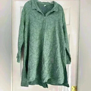 Kleen linen cotton blend button down drapey‎ teal green artsy lagenlook jacket L